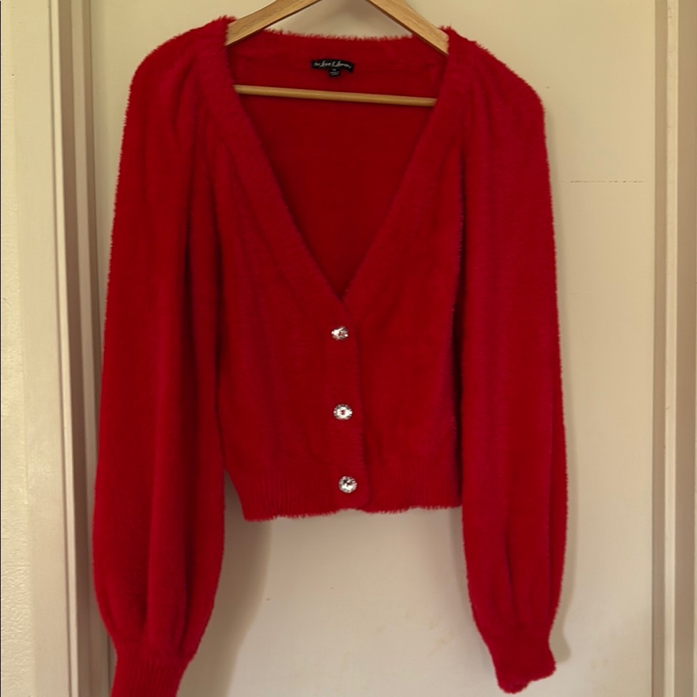 For Love And Lemons Red Cropped Cardigan with Puff Sleeves